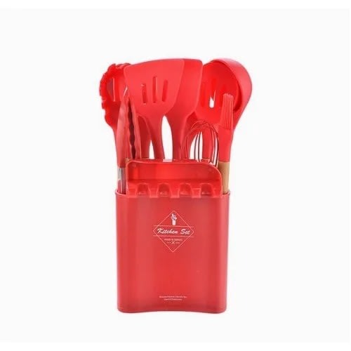 Silicone Cooking Utensils Set Non-stick With Wooden Handle & Holder - 12pcs - Red