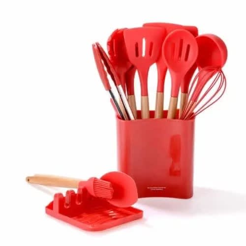 Silicone Cooking Utensils Set Non-stick With Wooden Handle & Holder - 12pcs - Red