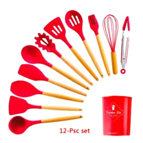 Silicone Cooking Utensils Set Non-stick With Wooden Handle & Holder - 12pcs - Red