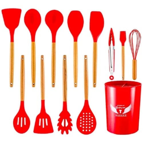 Silicone Cooking Utensils Set Non-stick With Wooden Handle & Holder - 12pcs - Red