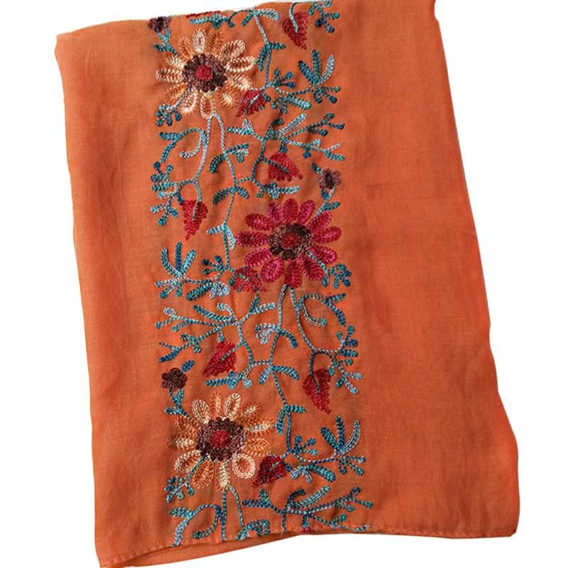 Embroidered Flower Scarf Cotton Women Long Wrap Bandana-Red