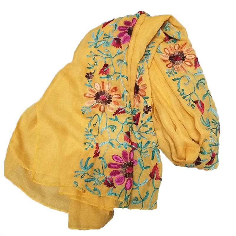 Embroidered Flower Scarf Cotton Women Long Wrap Bandana-Red