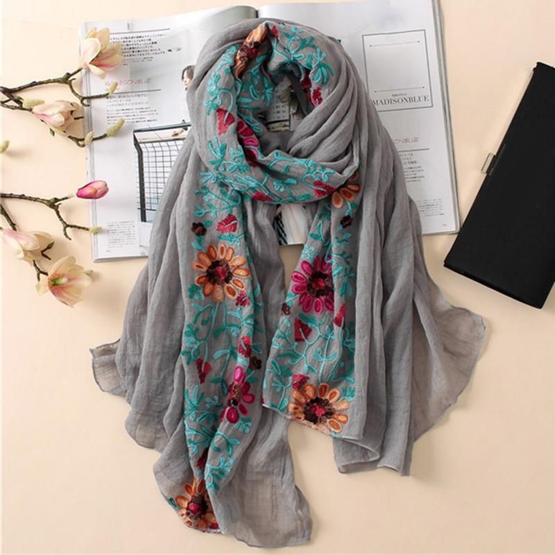 Embroidered Flower Scarf Cotton Women Long Wrap Bandana-Red