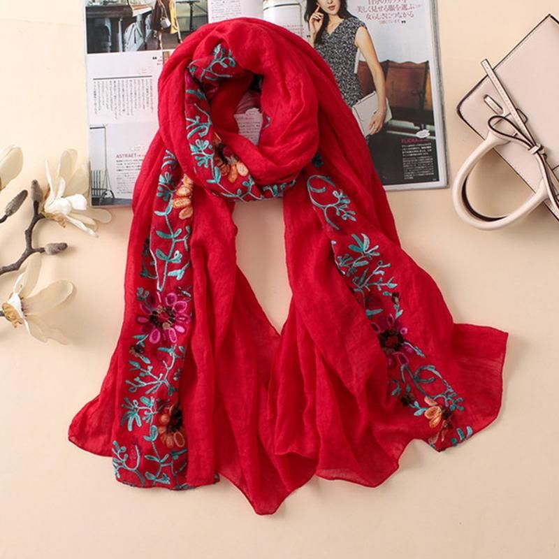 Embroidered Flower Scarf Cotton Women Long Wrap Bandana-Red