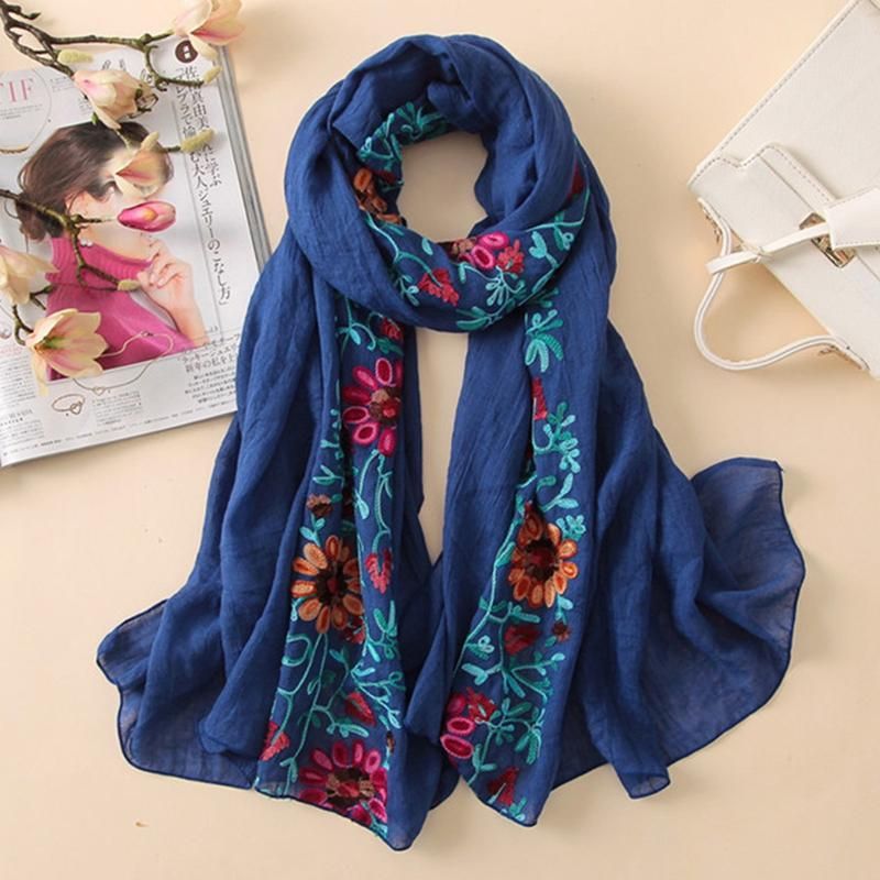 Embroidered Flower Scarf Cotton Women Long Wrap Bandana-Red