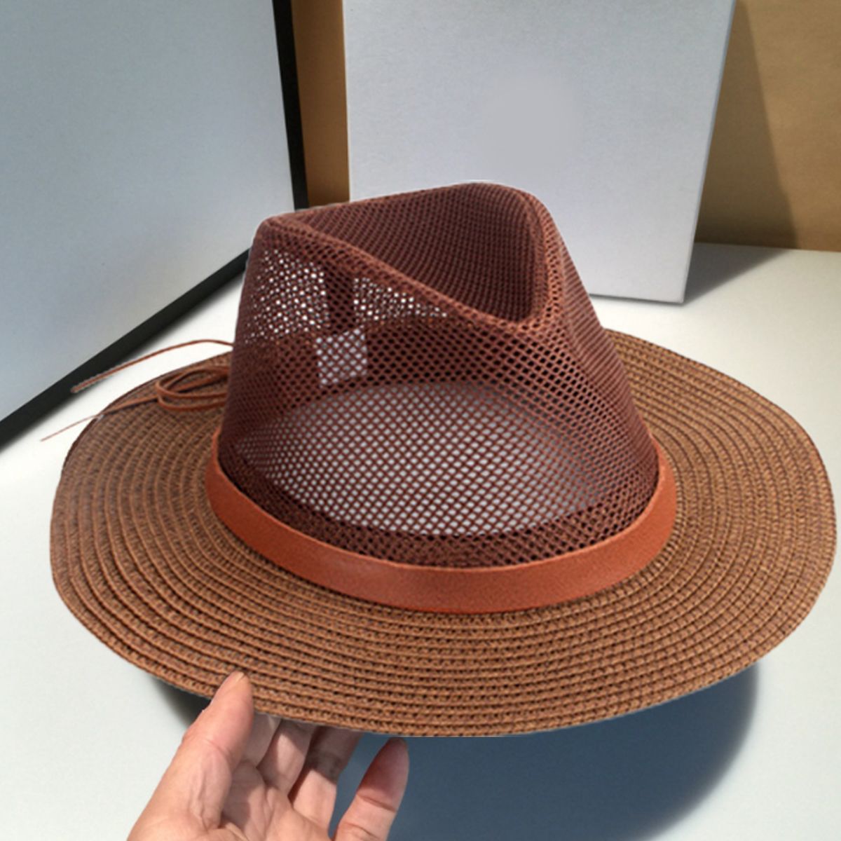 Sunshade Hat Man Breathable Holes Straw Sunshade Hat Dark Brown