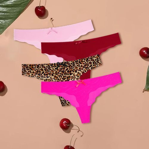 Women High Waist Leopard Stretchy Briefs Bowknot G-strings Thongs-Rose Red