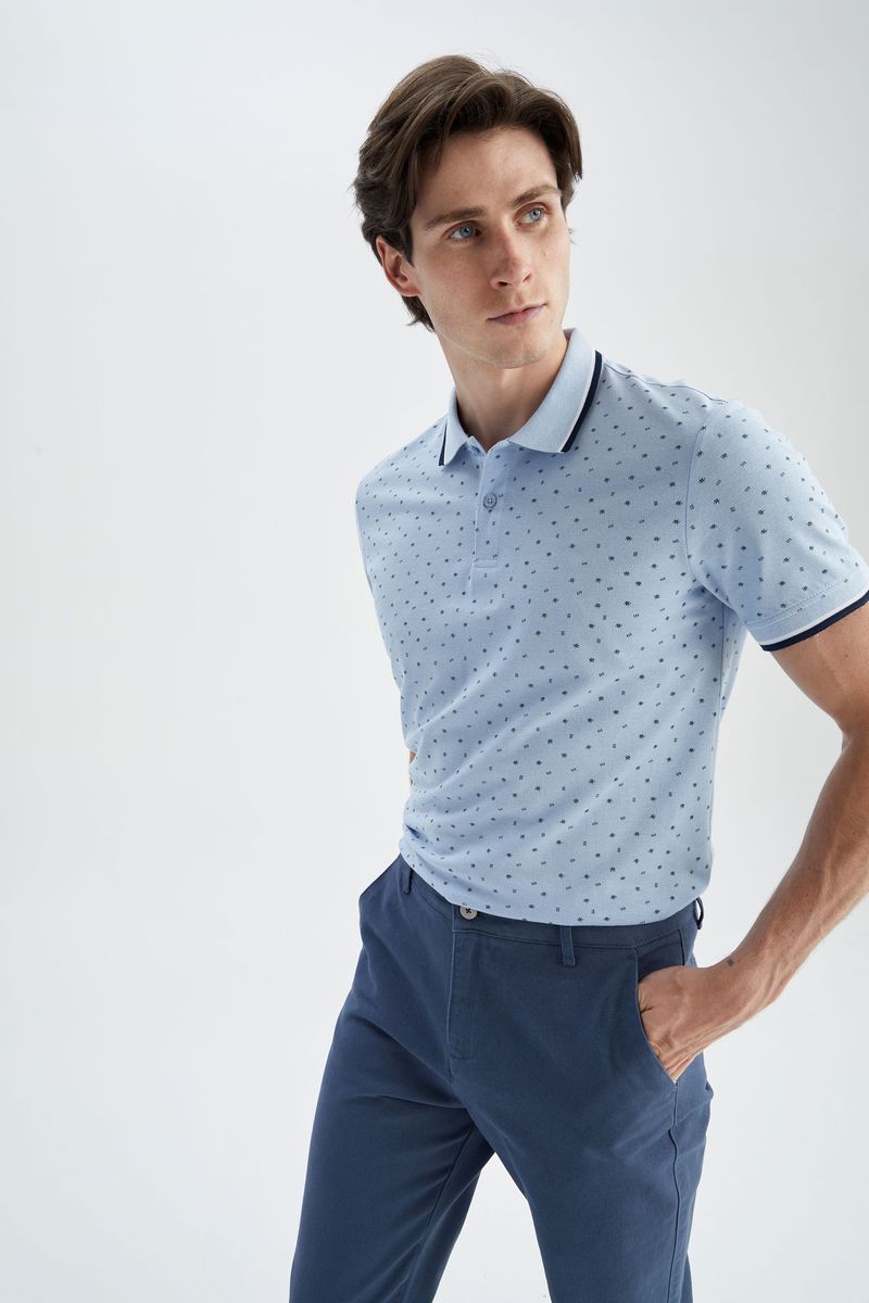 Man Smart Casual Slim Fit Short Sleeve Knitted Polo T-Shirt - Blue