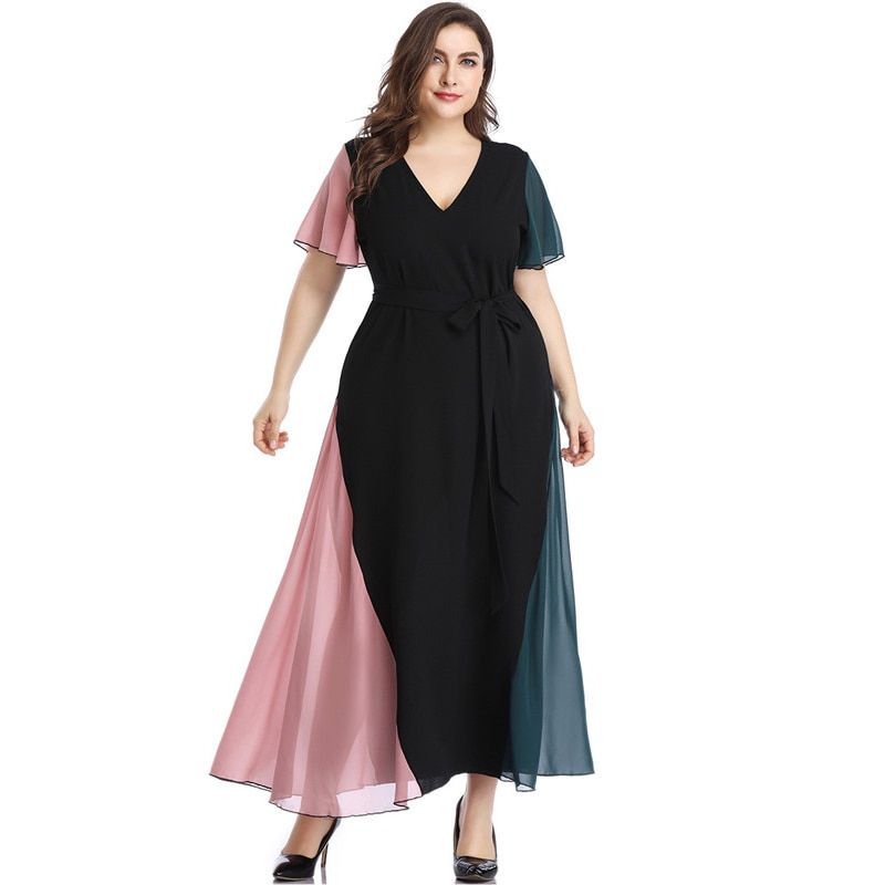 Summer Dress Beach 2021 Women V Neck Ruffles Short Sleeve Maxi Long Dress Plus Size Belted Multicolor Elegant Chiffon Dresses