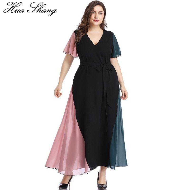Summer Dress Beach 2021 Women V Neck Ruffles Short Sleeve Maxi Long Dress Plus Size Belted Multicolor Elegant Chiffon Dresses