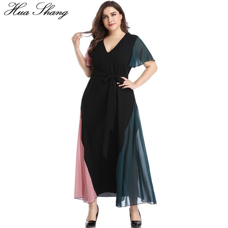 Summer Dress Beach 2021 Women V Neck Ruffles Short Sleeve Maxi Long Dress Plus Size Belted Multicolor Elegant Chiffon Dresses