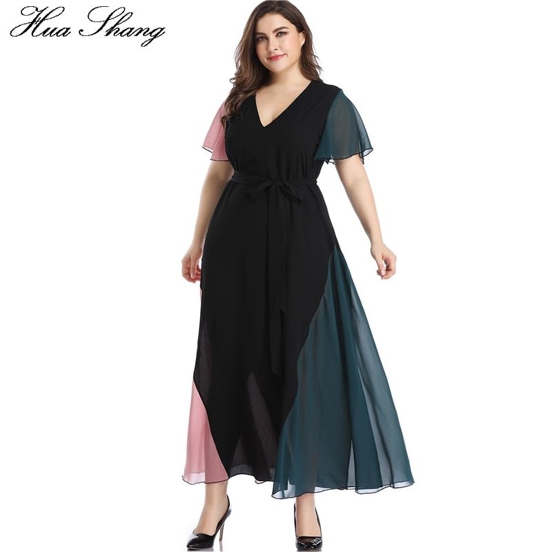 Summer Dress Beach 2021 Women V Neck Ruffles Short Sleeve Maxi Long Dress Plus Size Belted Multicolor Elegant Chiffon Dresses