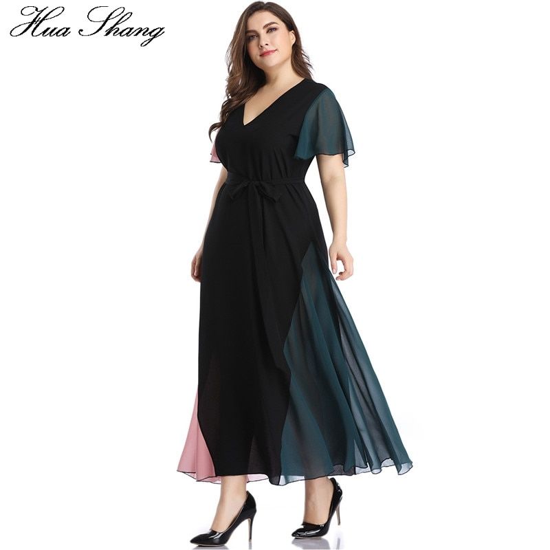 Summer Dress Beach 2021 Women V Neck Ruffles Short Sleeve Maxi Long Dress Plus Size Belted Multicolor Elegant Chiffon Dresses