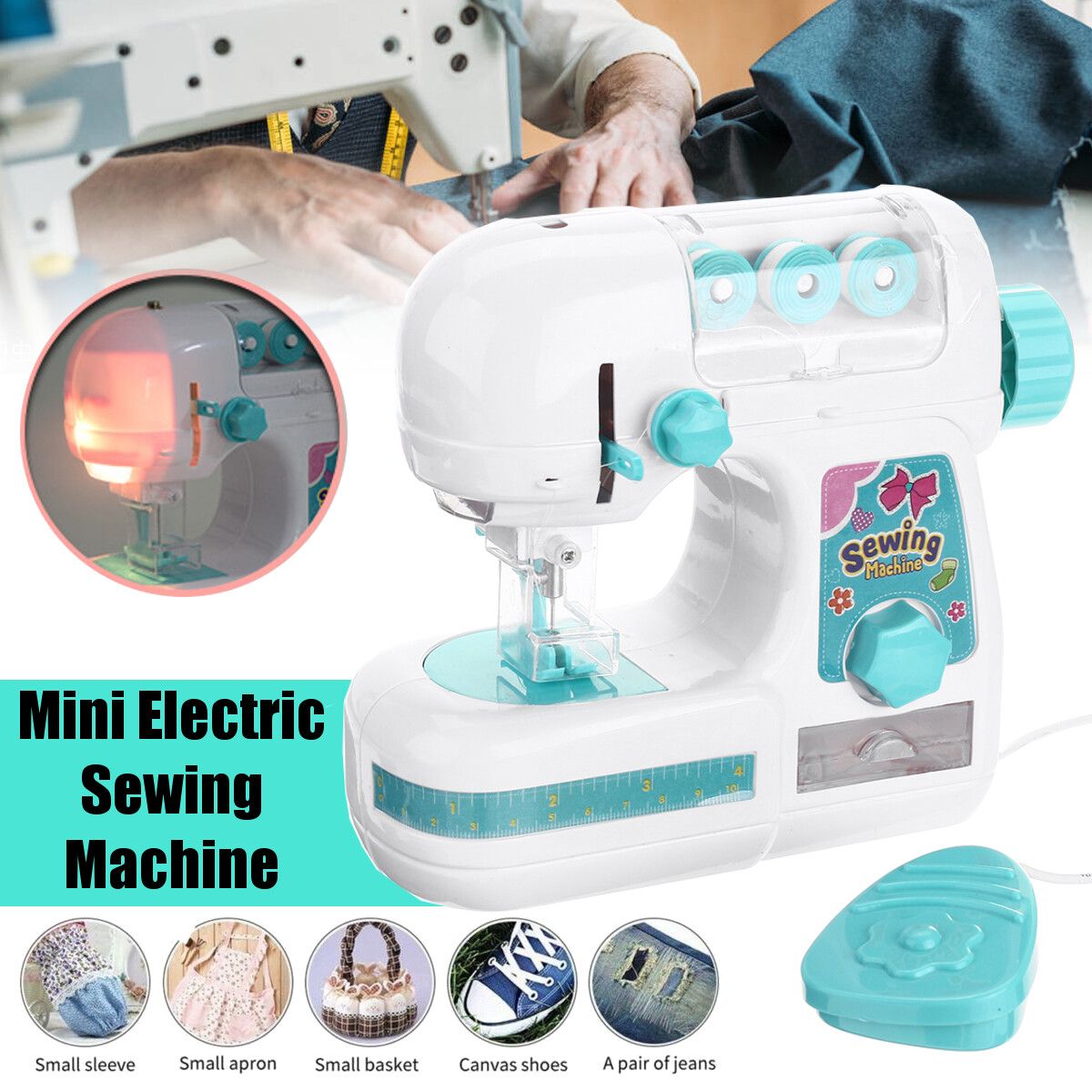 Sewing Machine Portable Adjustable Thread Stitching Multifunction Electric Rewind Embroidery DIY Beginner 60pcs Sewing Cloth