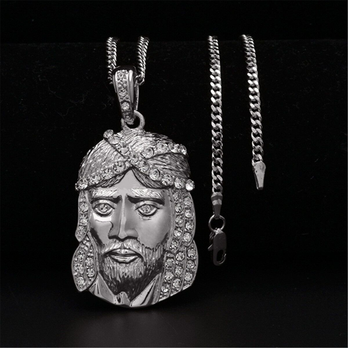 Fashion Jesus Head Face Pendant Necklace Silver Gold Plated Cuban Chain Gift Silver   3mm Steel CUBAN CHAIN