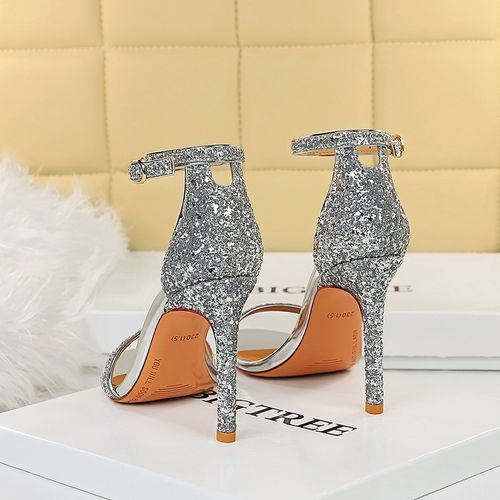 Women's Stilettos Party High Heels Ladies Sequins High-heel Sandals Silver