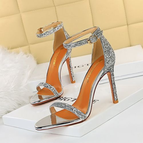 Women's Stilettos Party High Heels Ladies Sequins High-heel Sandals Silver