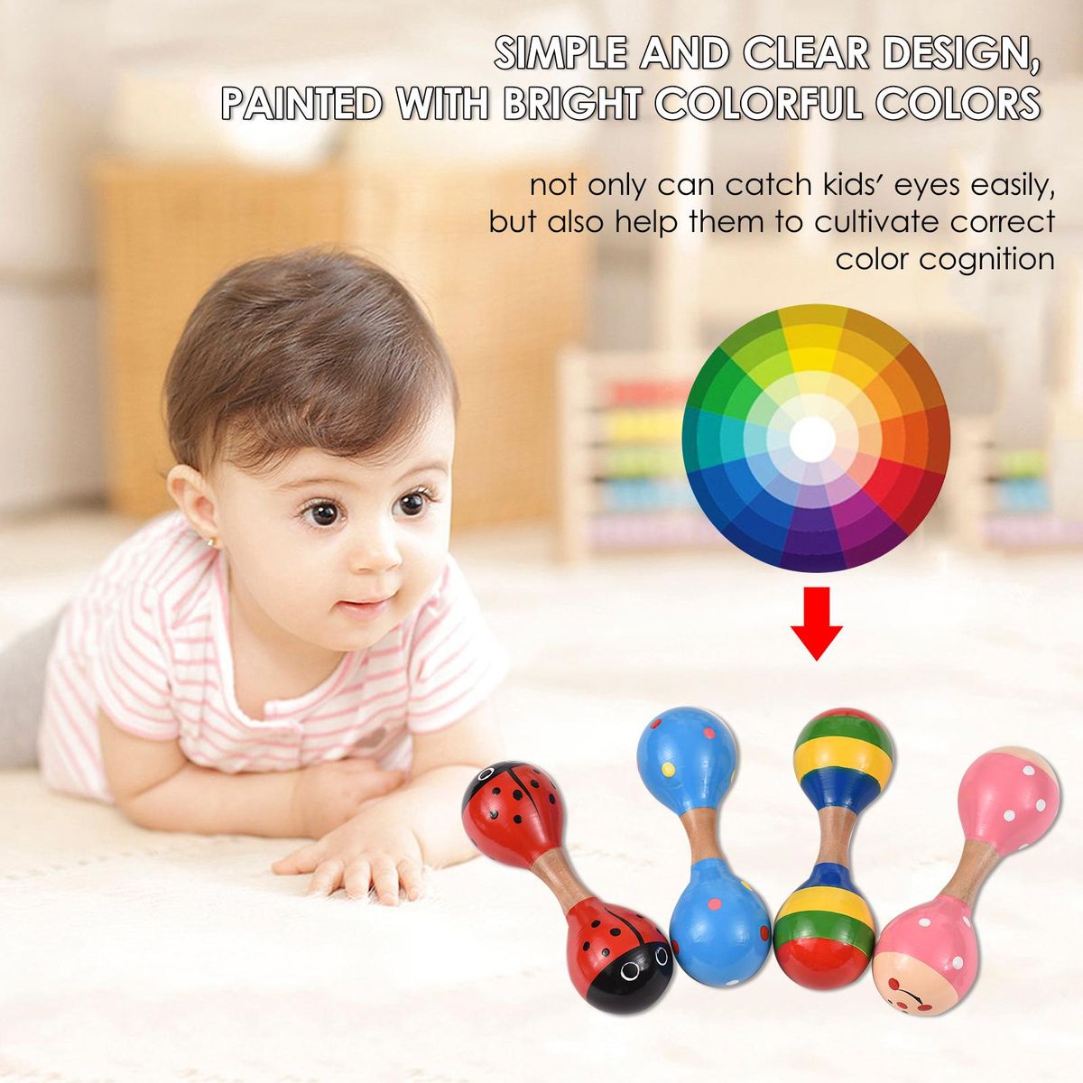 4pcs Wooden Maracas Mini Shaker Baby Rattles for Kids Cute Colorful Musical Instrument Toys for Baby Girls Boys Toddlers
