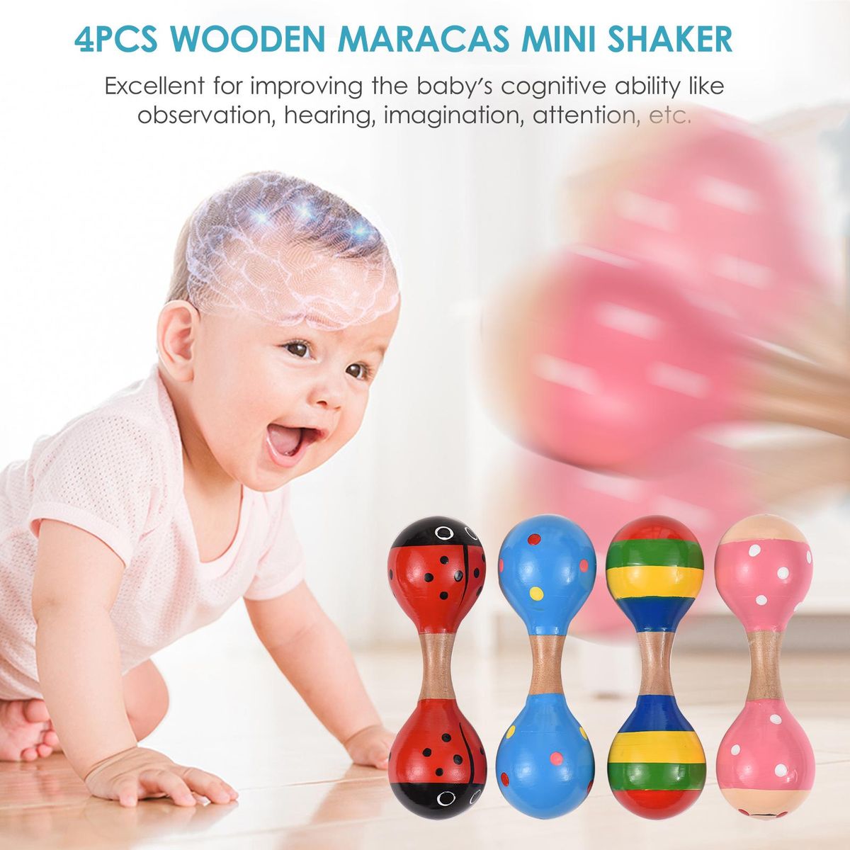 4pcs Wooden Maracas Mini Shaker Baby Rattles for Kids Cute Colorful Musical Instrument Toys for Baby Girls Boys Toddlers