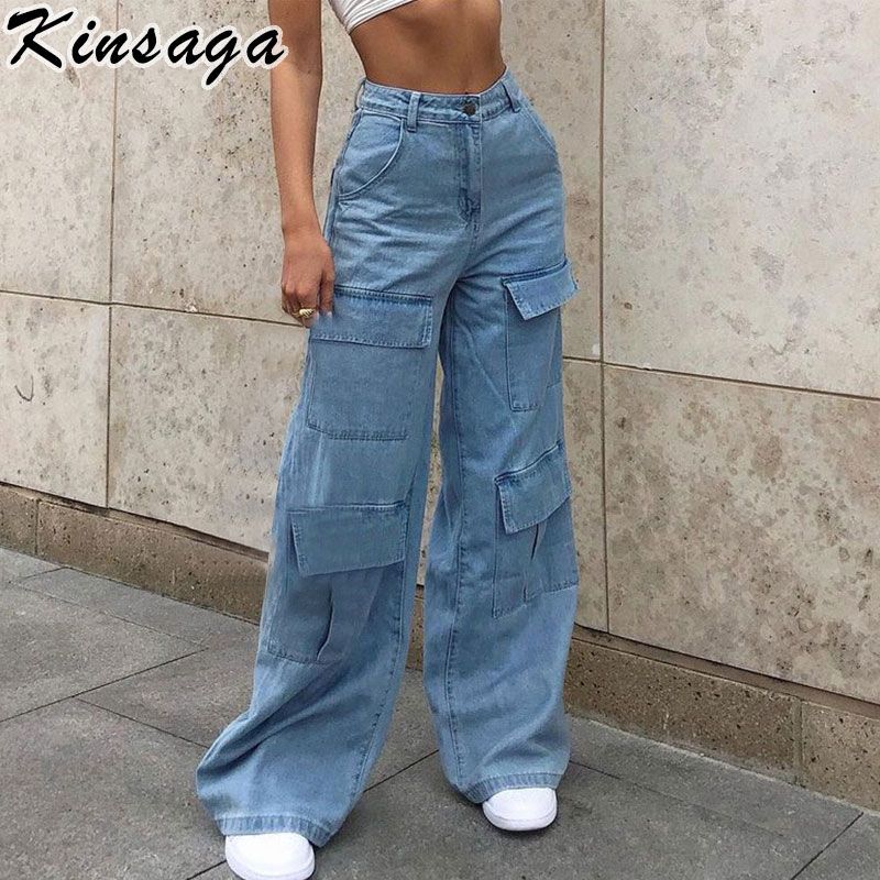 Plus Size Women Vintage Y2k Big Pockets Cargo Pants Baggy Straight Women's Jeans