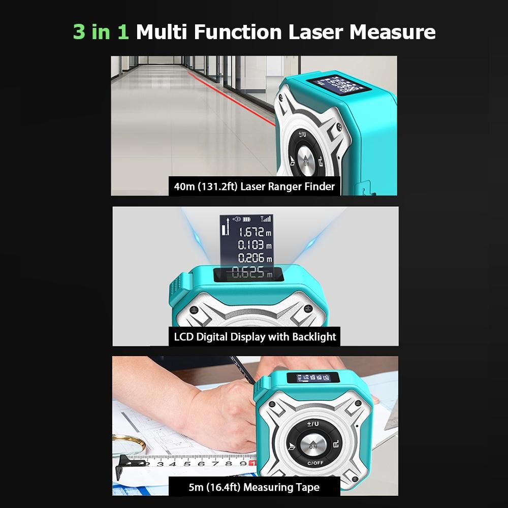 3 in 1 Laser Tape Measure Digital Ranger Finder 16Ft Measuring Tape 131Ft Rechargeable Multi Function Laser Measure Distance/ Area/ Volume/ Pythagorean, Unit Switching, Data Storage