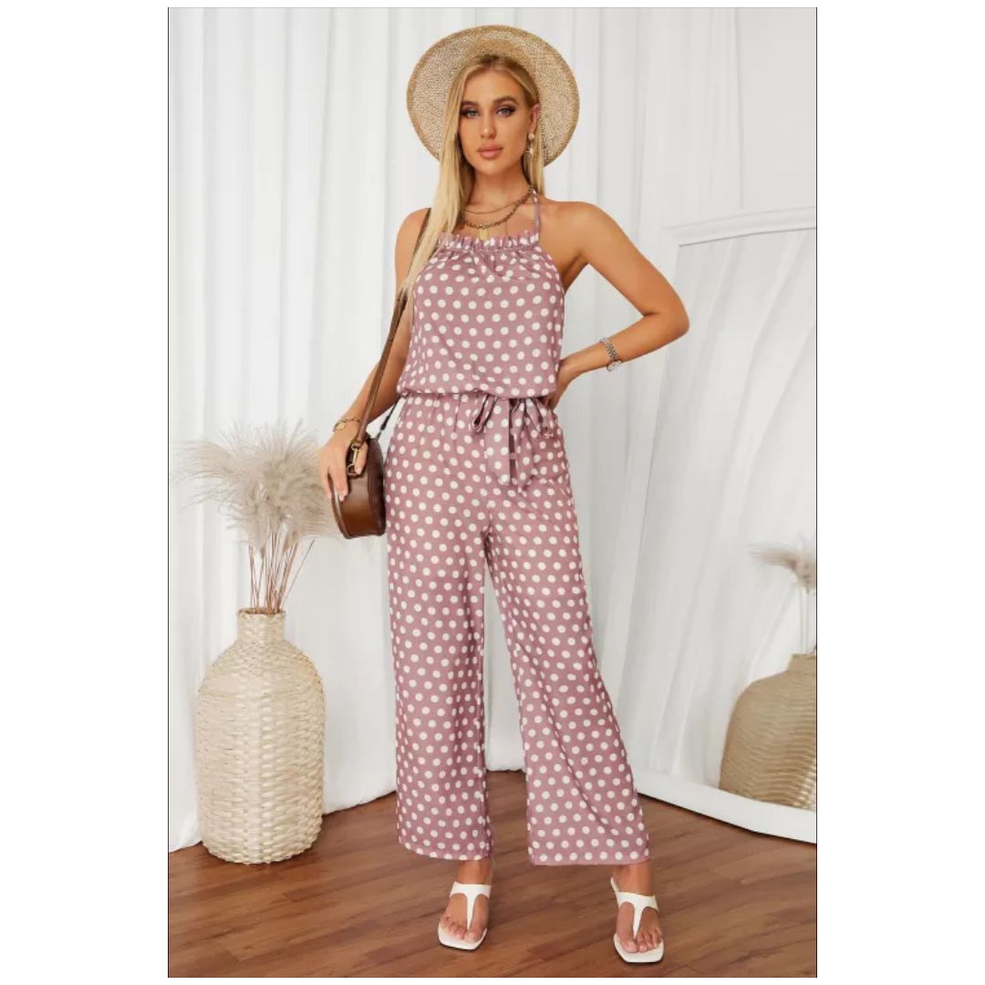 Mfed Pink Polka Dot Chiffon Overall Jumpsuit