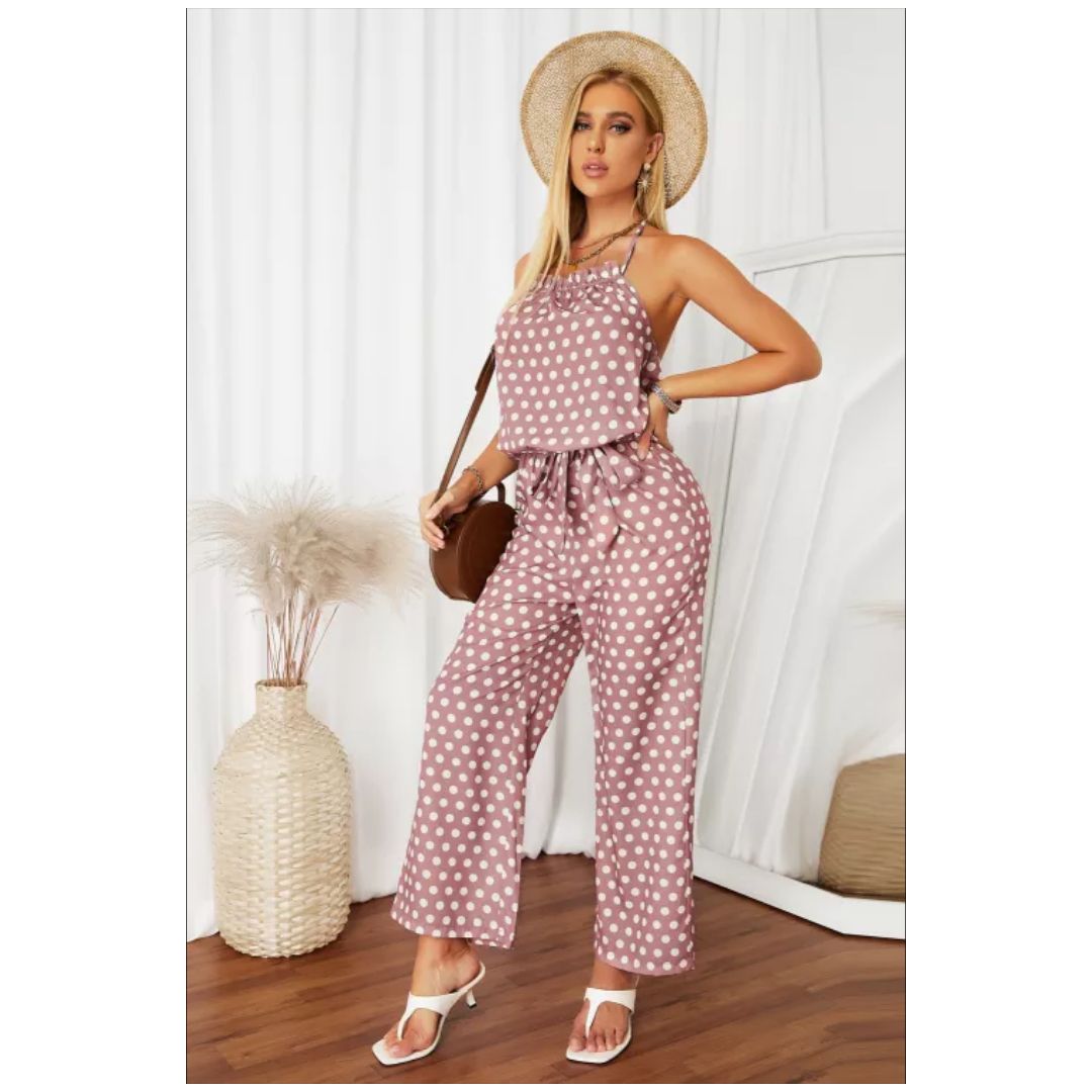 Mfed Pink Polka Dot Chiffon Overall Jumpsuit