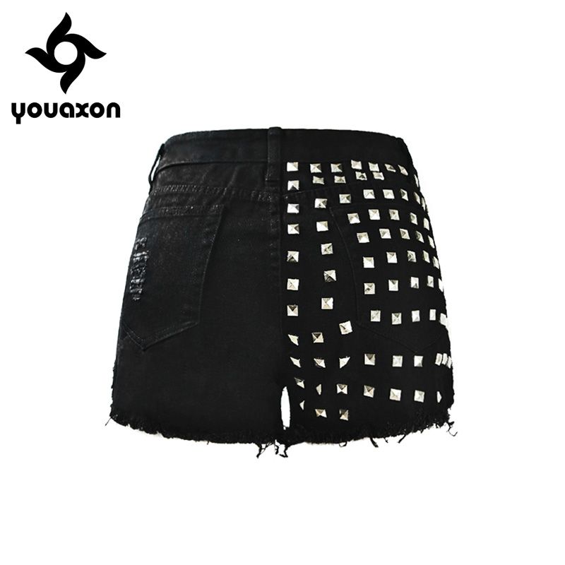 1995 Youaxon Black Shorts With Punk Metal Rivets Studded