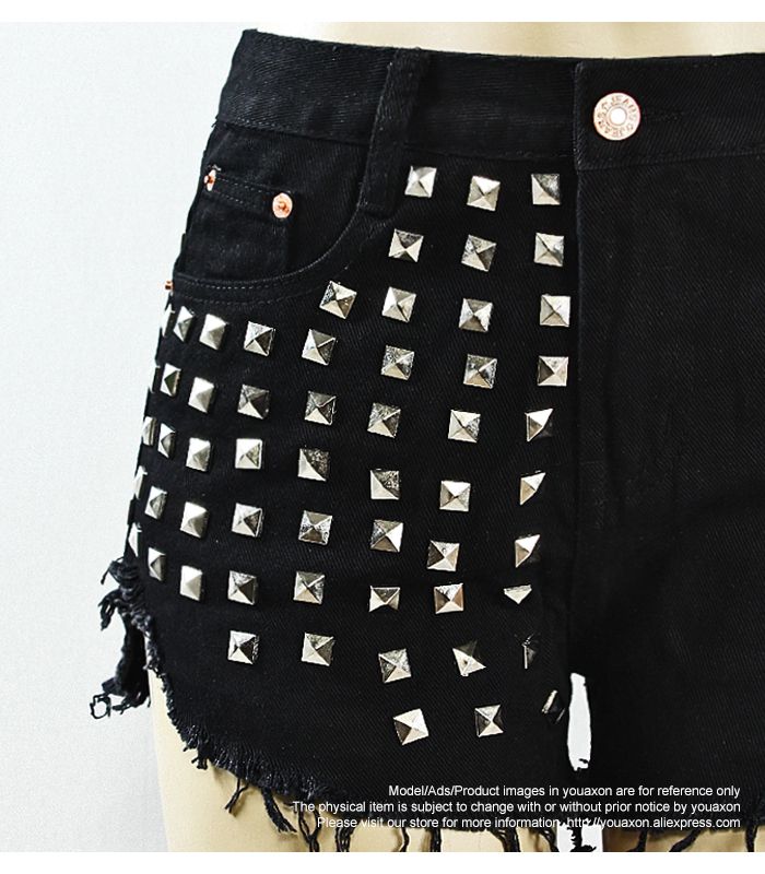 1995 Youaxon Black Shorts With Punk Metal Rivets Studded