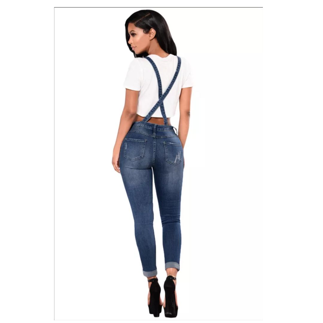 R Blue Distressed Skinny Denim Overall