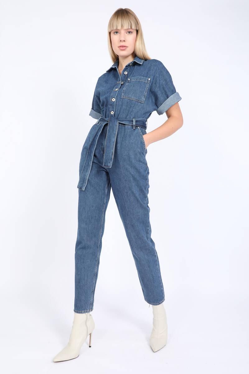 Women's Bat Sleeve Jean Jumpsuit Dark Blue