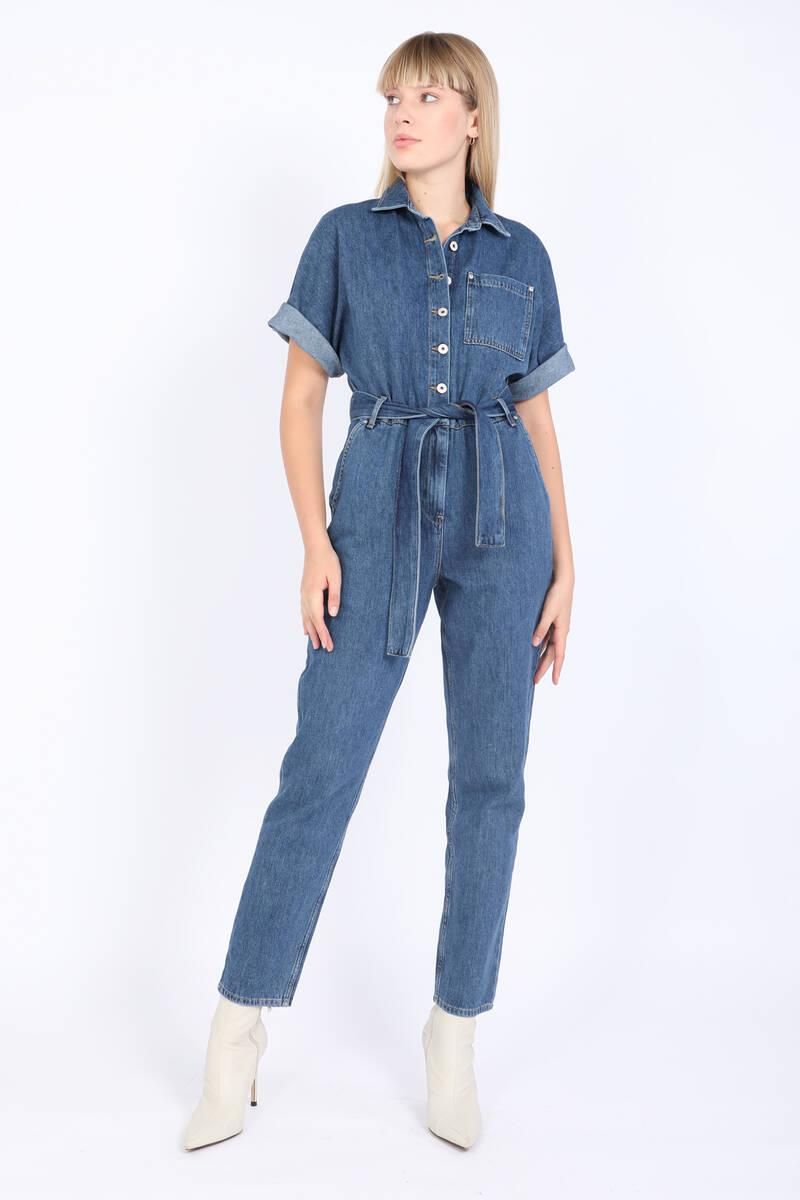 Women's Bat Sleeve Jean Jumpsuit Dark Blue