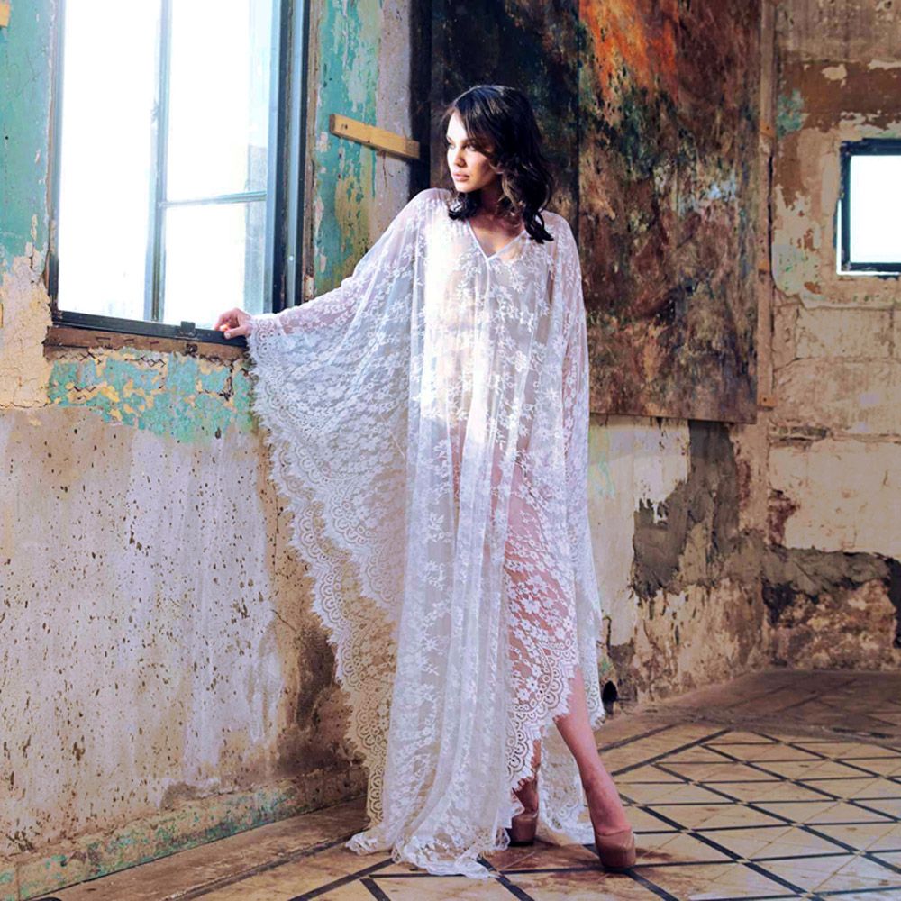 Pregnancy Tulle Long Robe Loose Lace Dress Solid  Black