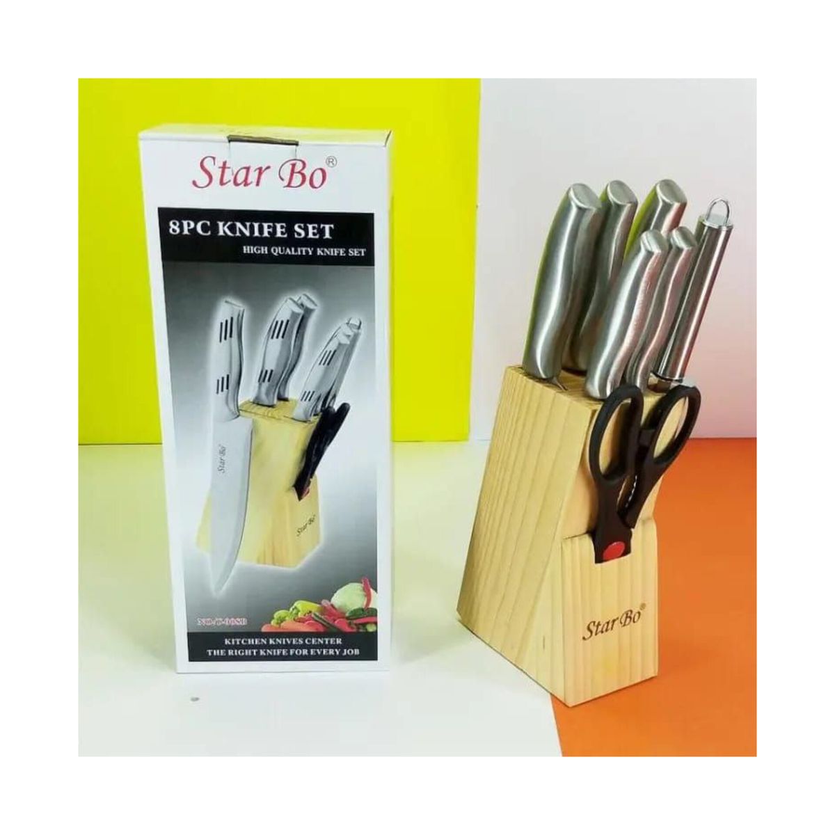 Stainless Steel Knife Set With Block Stand - 8 In 1 Set
