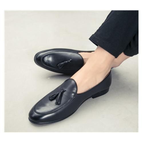 Men Shoes Tassel Genuine Leather Loafers Moccasins (Black)