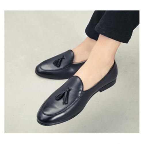 Men Shoes Tassel Genuine Leather Loafers Moccasins (Black)