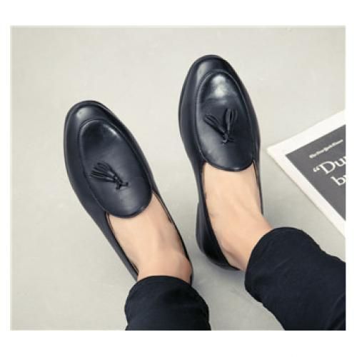 Men Shoes Tassel Genuine Leather Loafers Moccasins (Black)