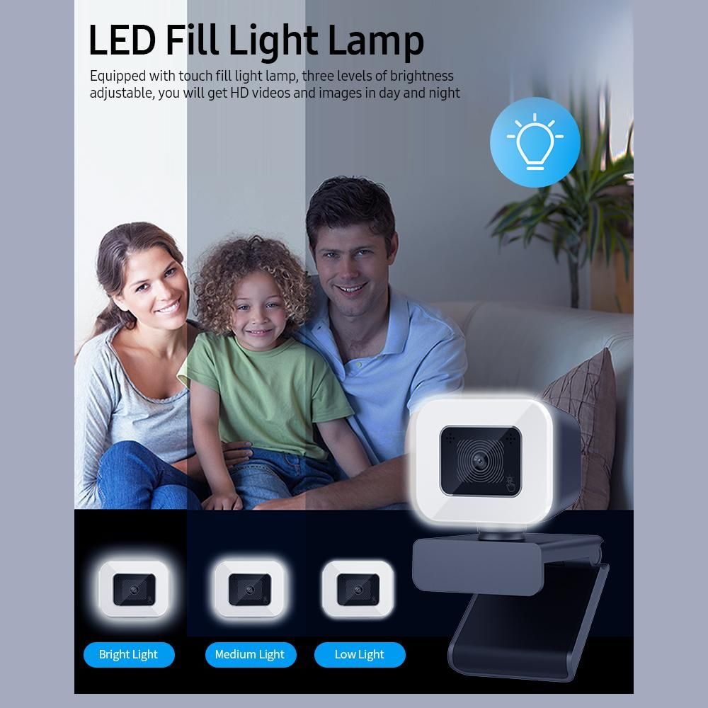 4K Auto Focus Web Camera Driver-free USB Webcam with Noise Reduction Microphone LED Fill Light Lamp for Video Chat Conference