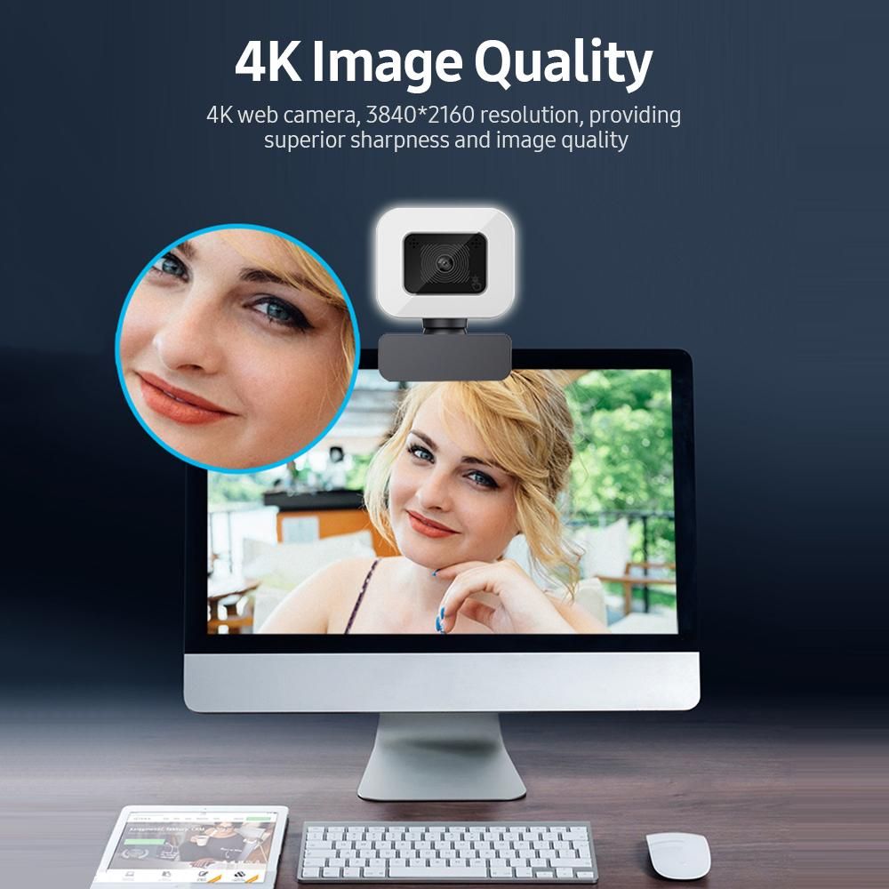 4K Auto Focus Web Camera Driver-free USB Webcam with Noise Reduction Microphone LED Fill Light Lamp for Video Chat Conference