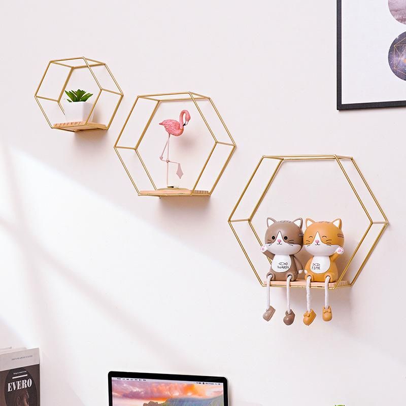Creative wrought iron wall shelf living room wall wall hanging bedroom room wall storage rack home decoration shelf Golden large hexagon - shelf