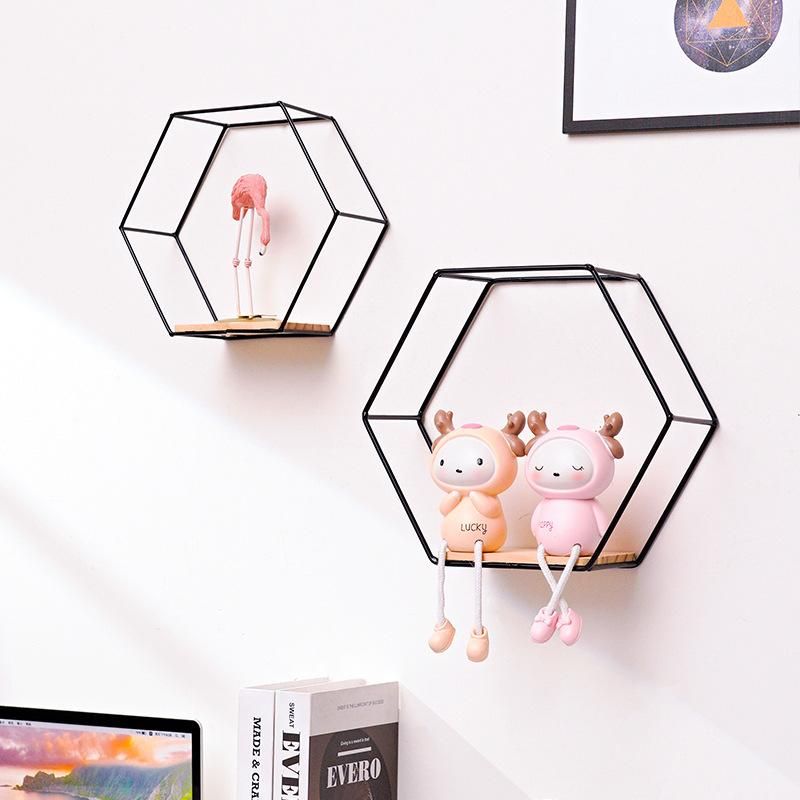 Creative wrought iron wall shelf living room wall wall hanging bedroom room wall storage rack home decoration shelf Golden large hexagon - shelf