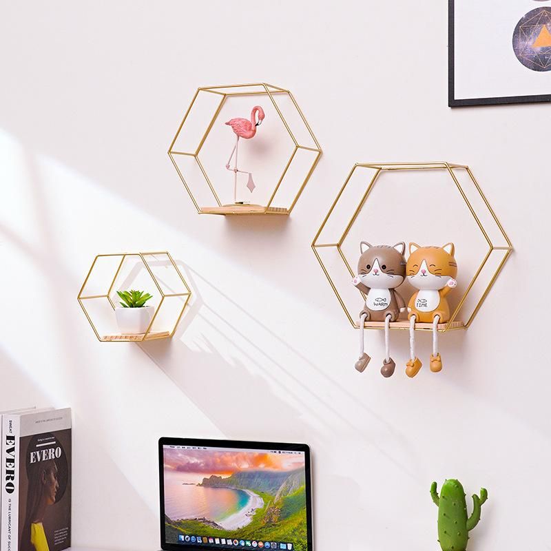 Creative wrought iron wall shelf living room wall wall hanging bedroom room wall storage rack home decoration shelf Golden large hexagon - shelf