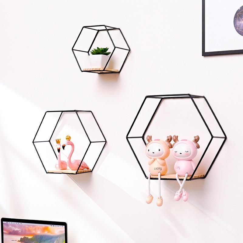 Creative wrought iron wall shelf living room wall wall hanging bedroom room wall storage rack home decoration shelf Golden large hexagon - shelf