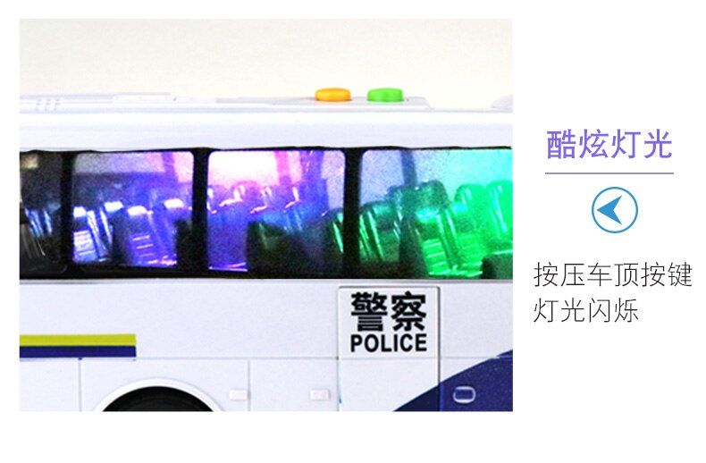 Big White Police Bus Open Door Light Music Car Model