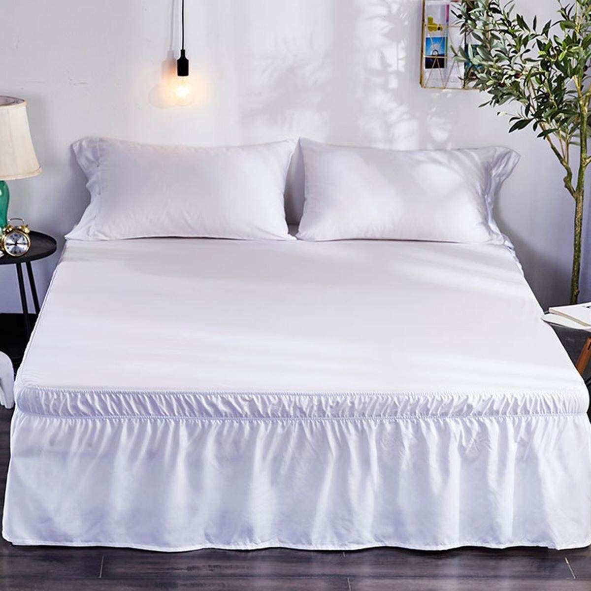 Elastic Band Wrap Around Bed Skirt Dust Ruffle Bedskirt Twin / Full / Queen / King Size Bedding Skirt White
