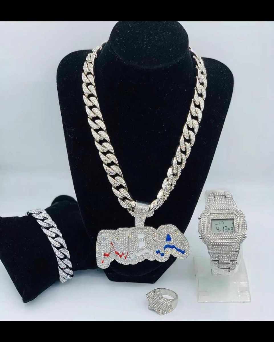 Diamond Iced Sophisticated Silver Chain Wristwatch +Bracelet/Necklace/Ring