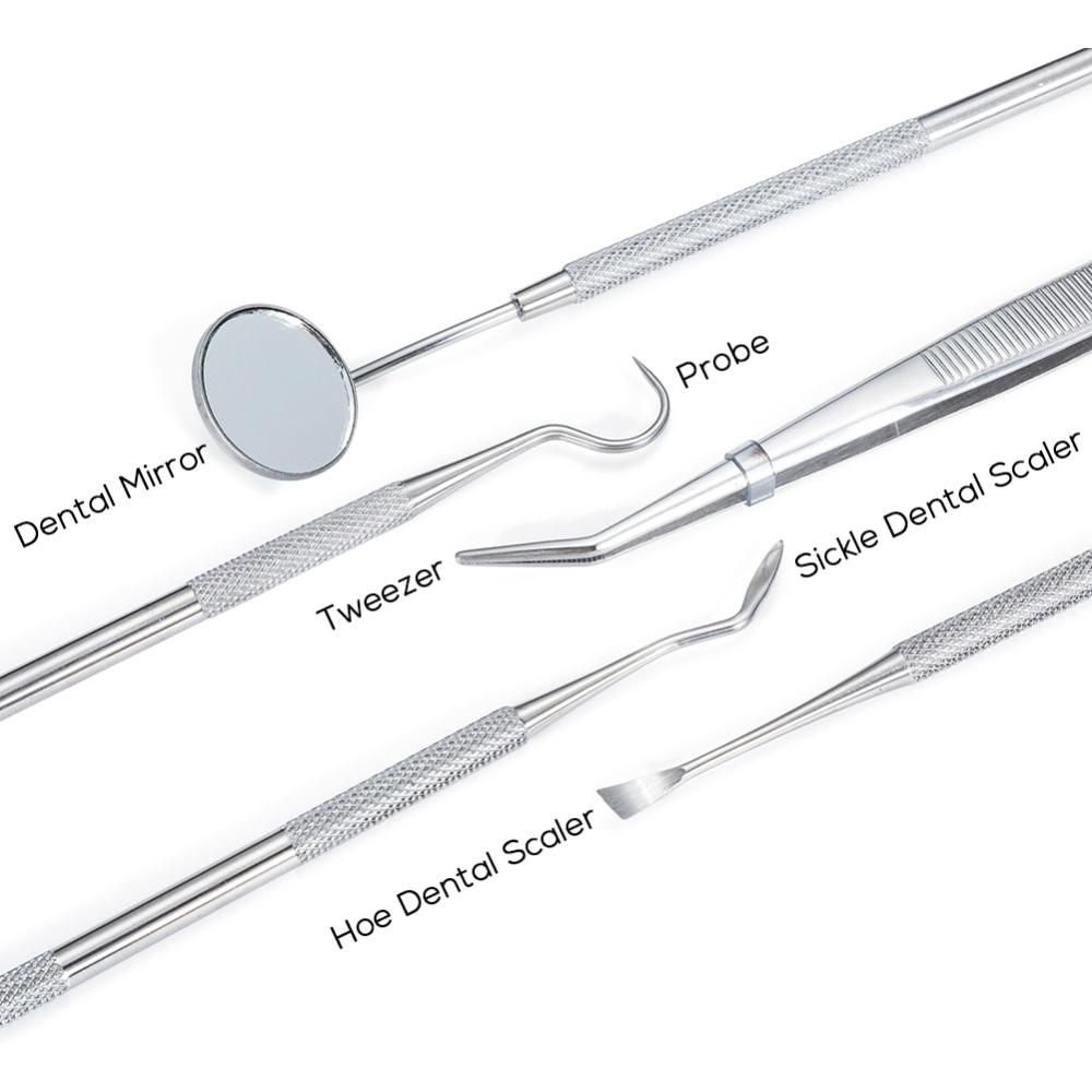 5pcs Stainless Steel Dental Tools Kit Teeth Tartar Scraper Mouth Mirror Dentists Pick Tool Teeth Scaler for Personal Use