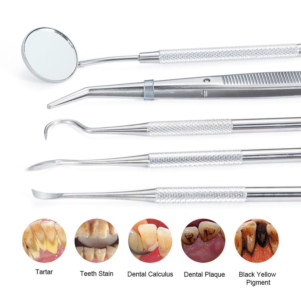 5pcs Stainless Steel Dental Tools Kit Teeth Tartar Scraper Mouth Mirror Dentists Pick Tool Teeth Scaler for Personal Use
