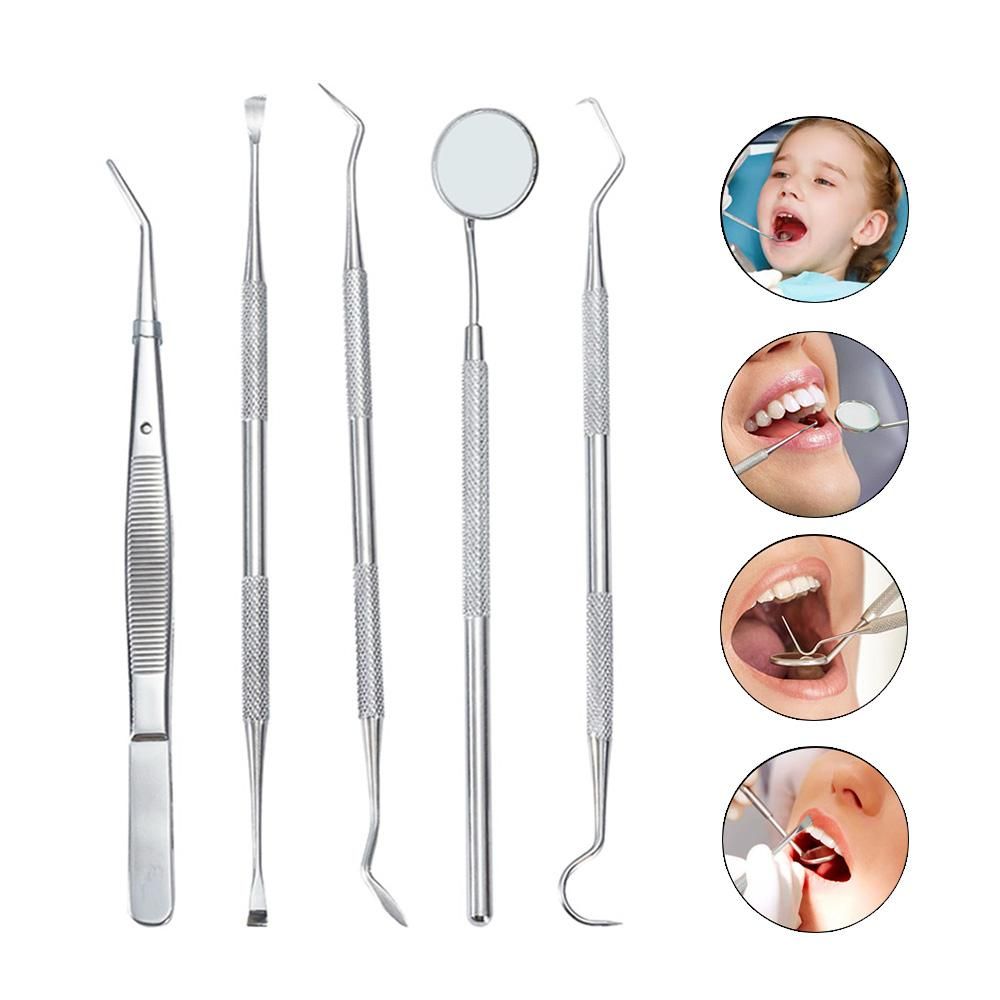 5pcs Stainless Steel Dental Tools Kit Teeth Tartar Scraper Mouth Mirror Dentists Pick Tool Teeth Scaler for Personal Use