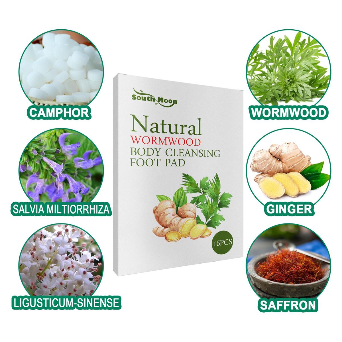 South Moon 16Pcs Natural Wormwood Body Cleansing Foot Pads Reduce Fatigue Increase Metabolism Improve Blood Circulation